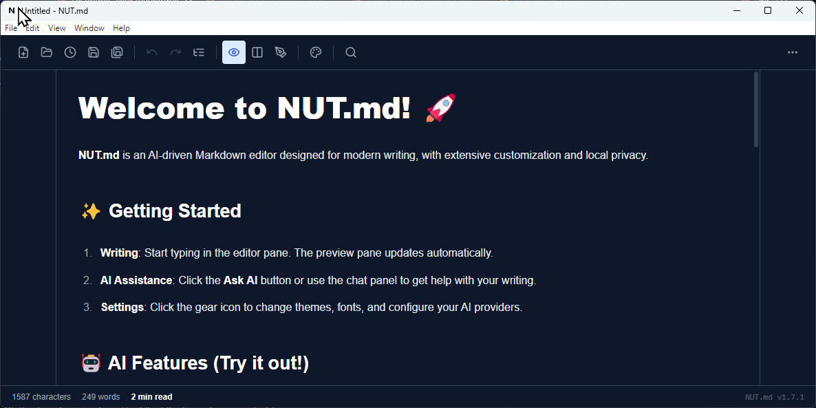 NUT.md desktop app preview showing the welcome screen with title bar Untitled - NUT.md